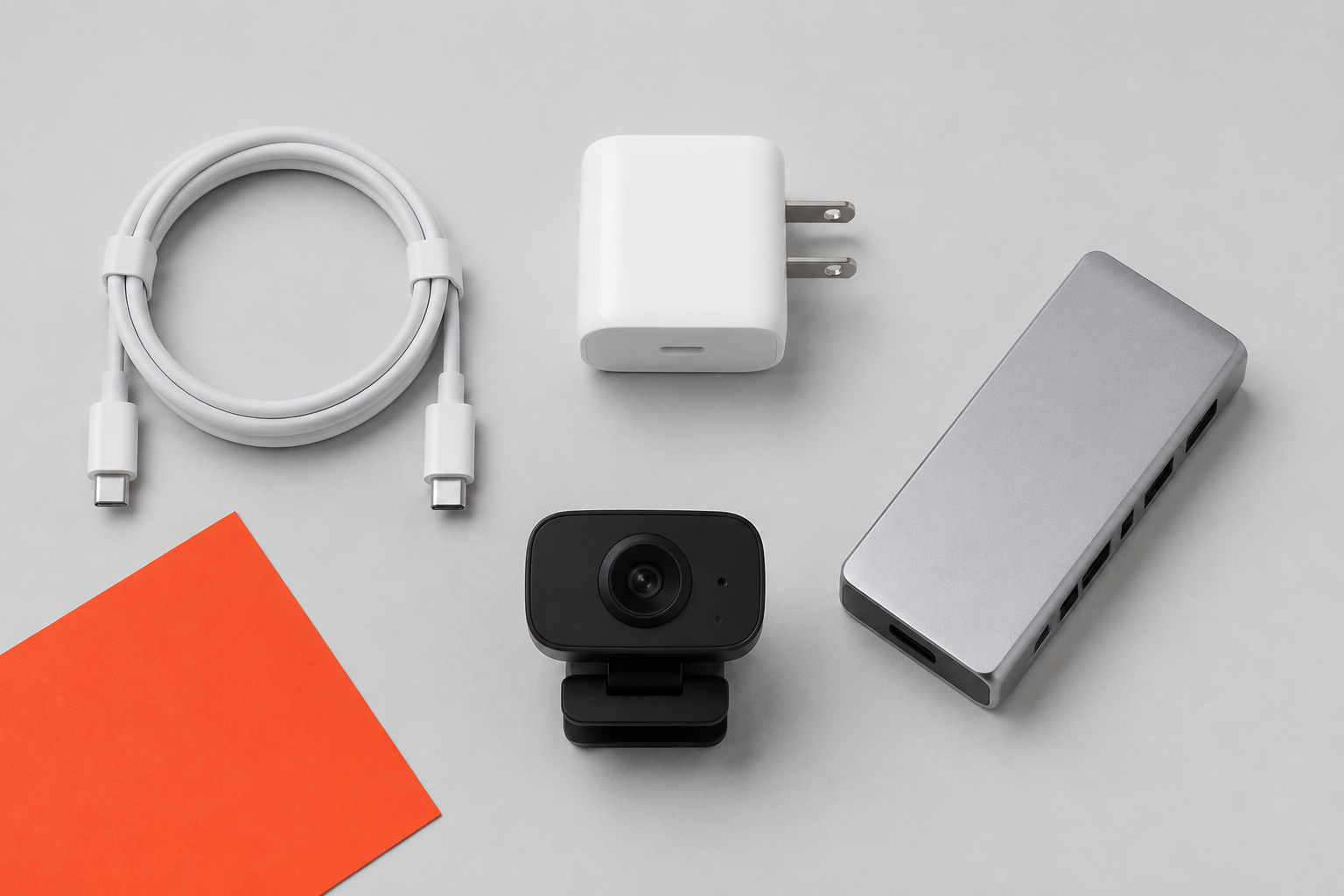 Illustrated arrangement of a charger, cable, hub and webcam